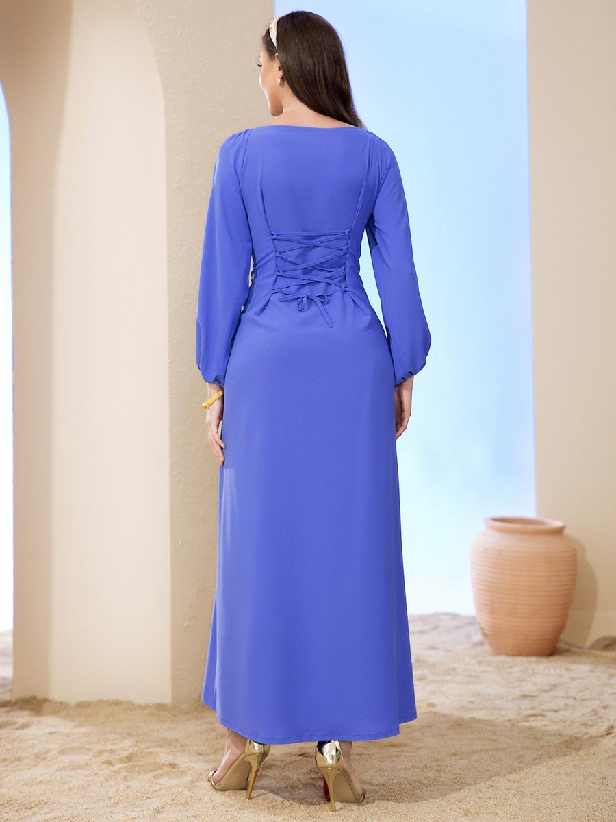Women Blue Rhinestone Embellished Golden Trim Jalabiya