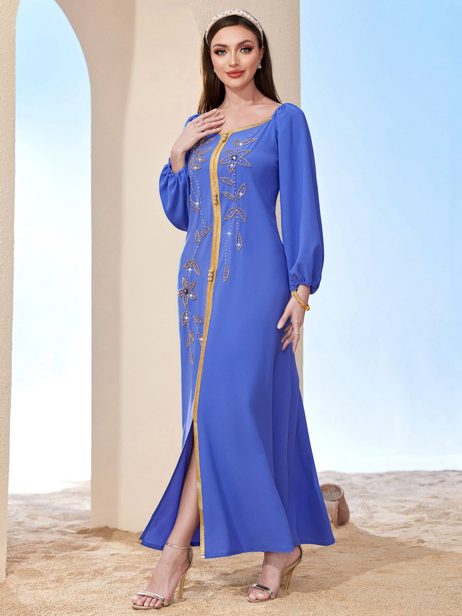 Women Blue Rhinestone Embellished Golden Trim Jalabiya