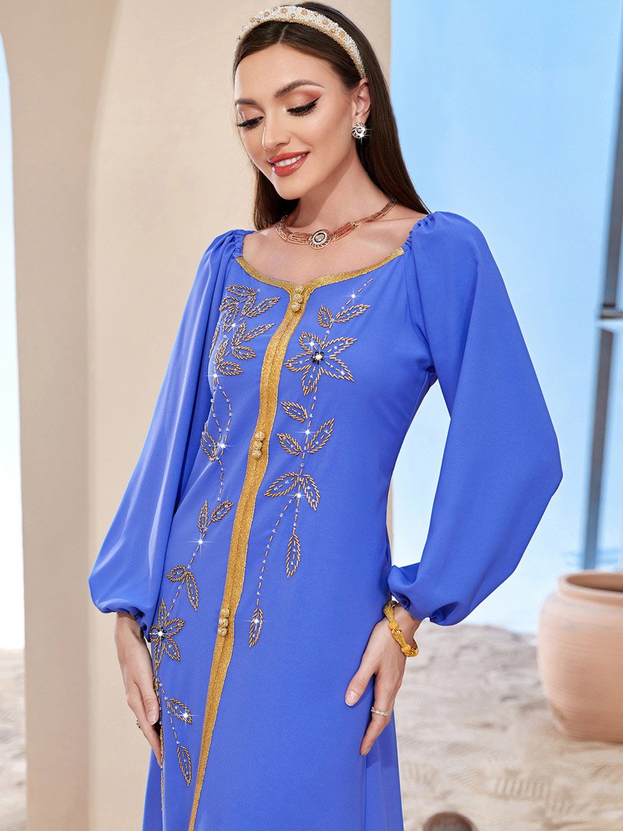 Women Blue Rhinestone Embellished Golden Trim Jalabiya