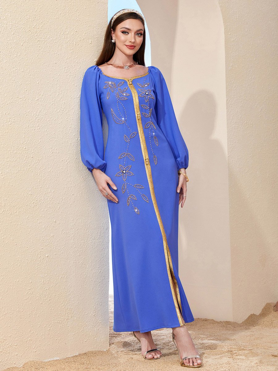 Women Blue Rhinestone Embellished Golden Trim Jalabiya