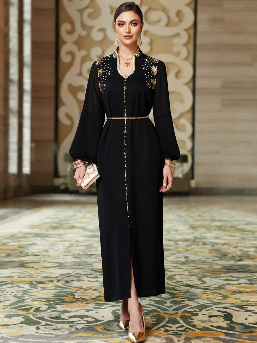 Women Black Rhinestone Embellished Jalabiya