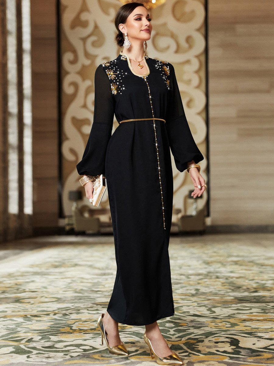 Women Black Rhinestone Embellished Jalabiya
