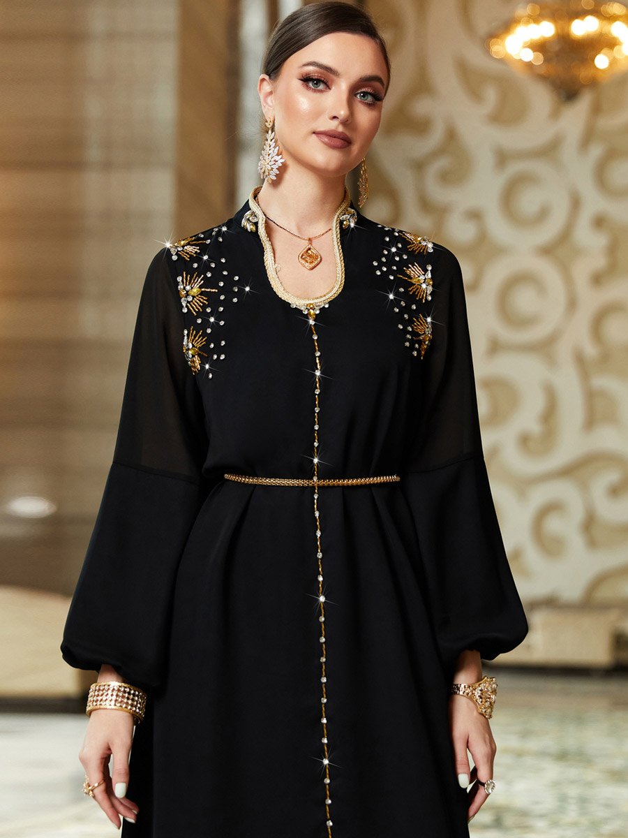 Women Black Rhinestone Embellished Jalabiya