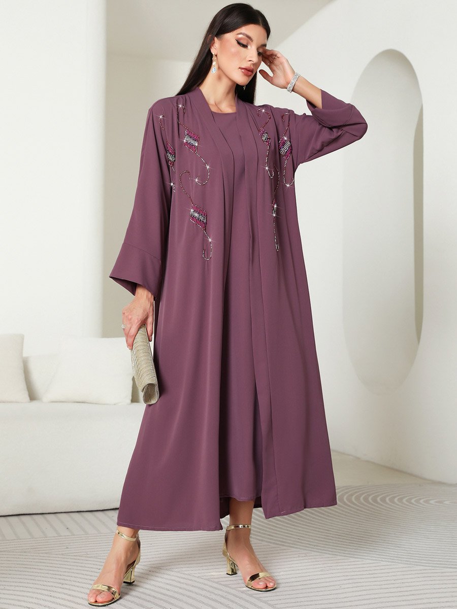 Women Purple Rhinestone Embellished Abaya with Inner Dress Set