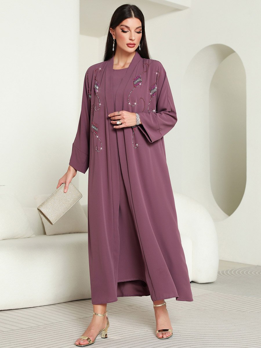 Women Purple Rhinestone Embellished Abaya with Inner Dress Set