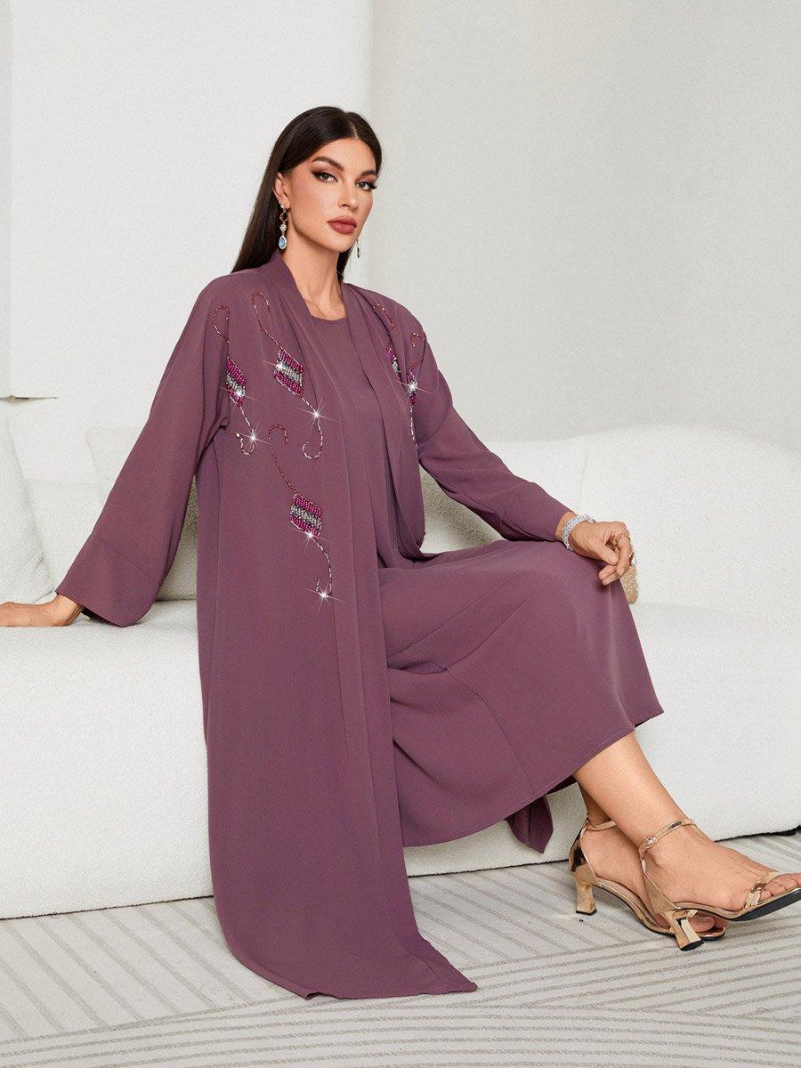 Women Purple Rhinestone Embellished Abaya with Inner Dress Set