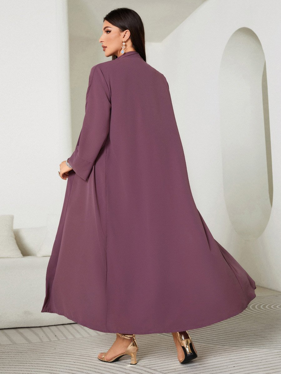 Women Purple Rhinestone Embellished Abaya with Inner Dress Set