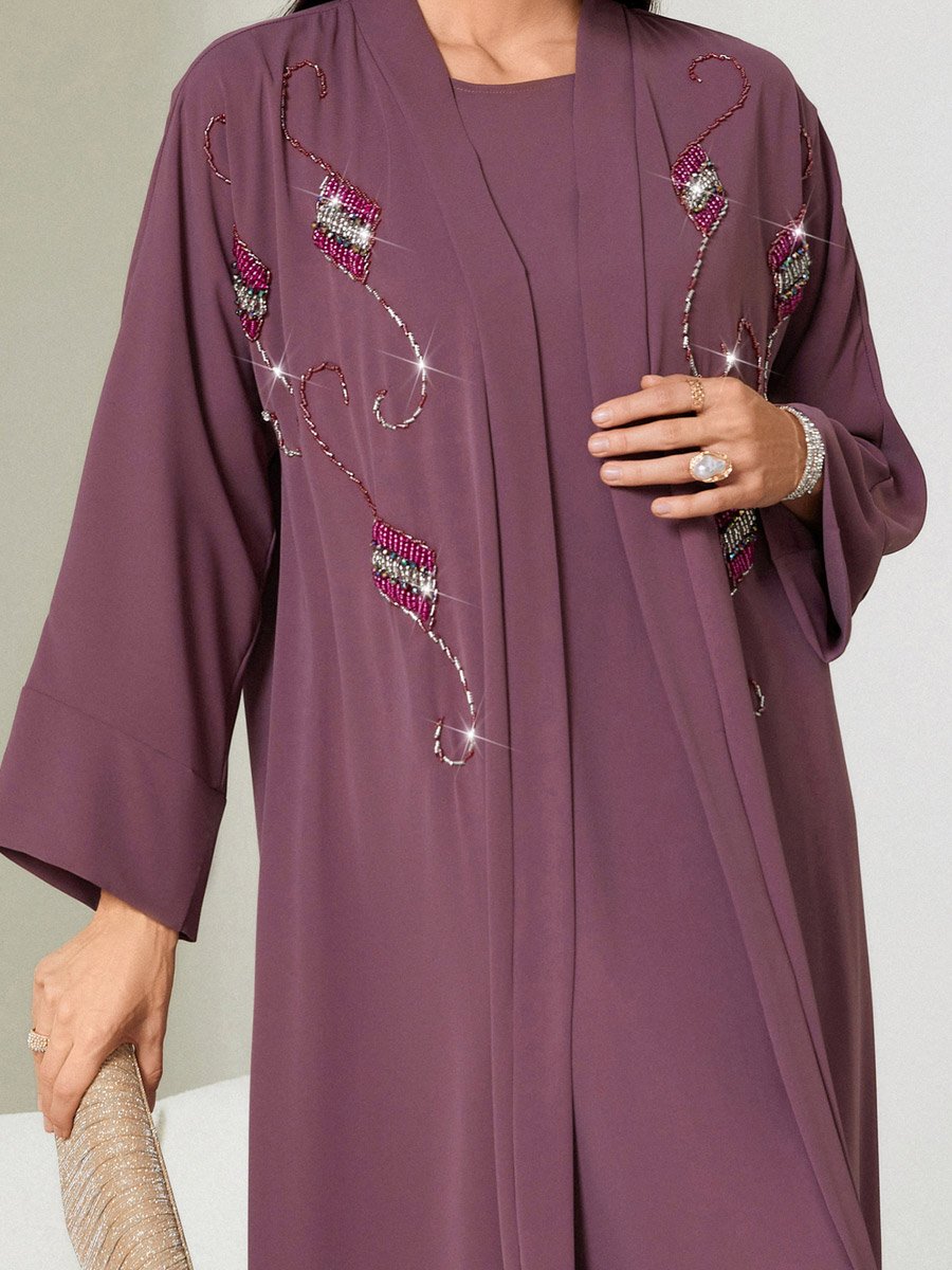 Women Purple Rhinestone Embellished Abaya with Inner Dress Set