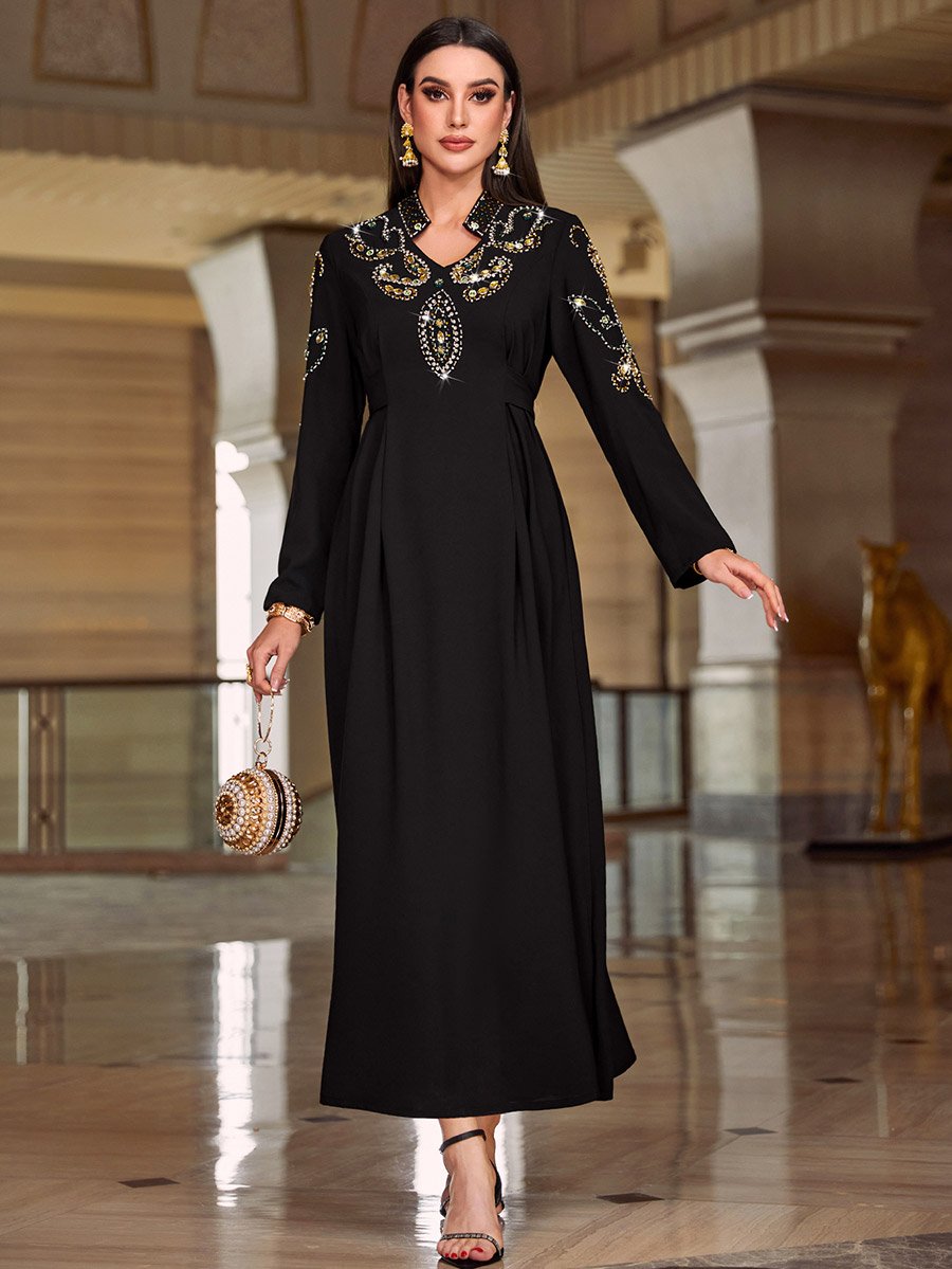 Black Rhinestone Embellished Open Collar Jalabiya