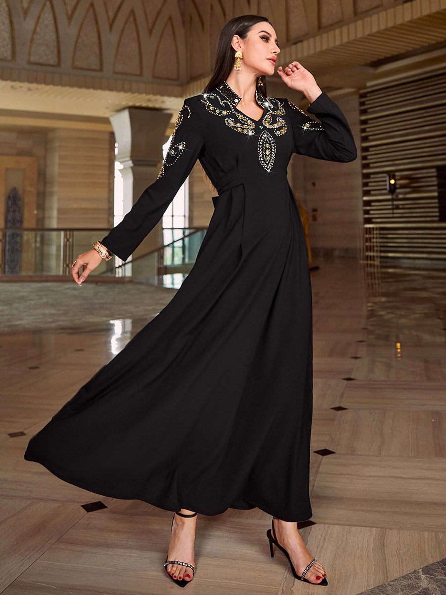 Black Rhinestone Embellished Open Collar Jalabiya