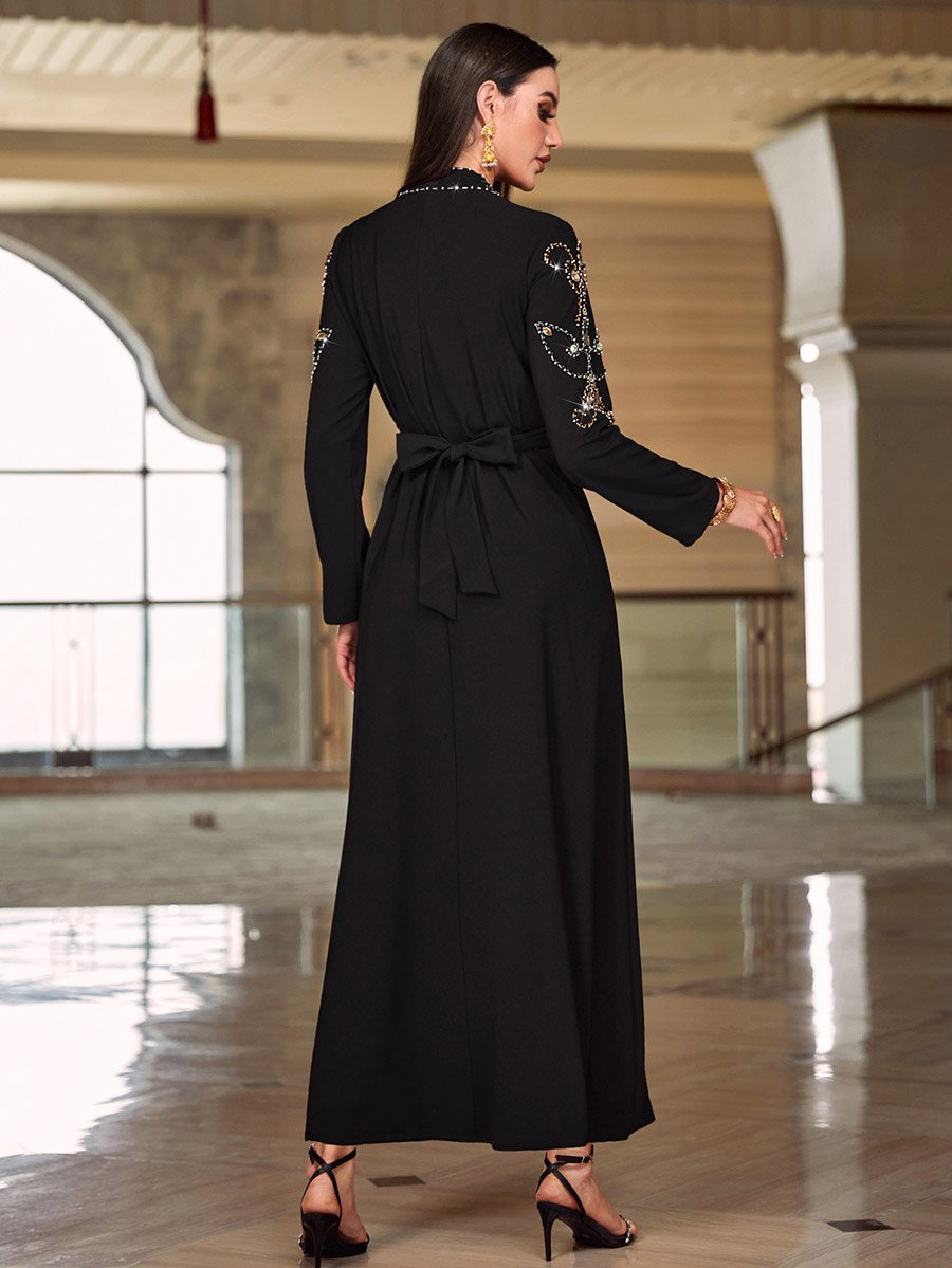 Black Rhinestone Embellished Open Collar Jalabiya