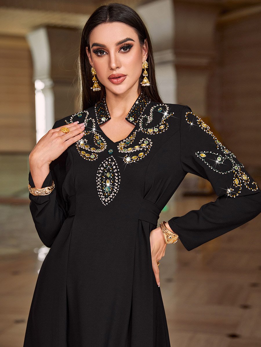 Black Rhinestone Embellished Open Collar Jalabiya