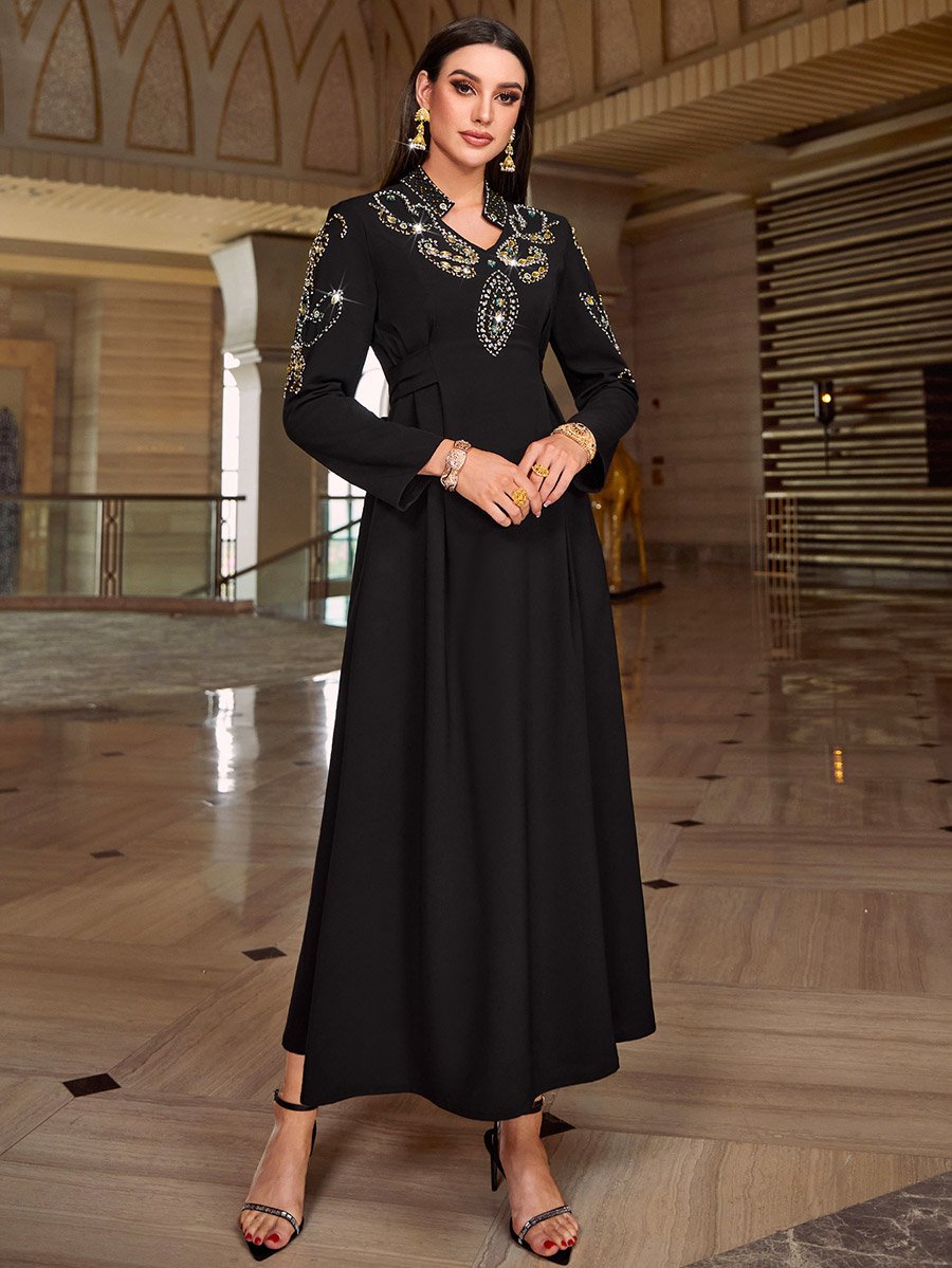 Black Rhinestone Embellished Open Collar Jalabiya