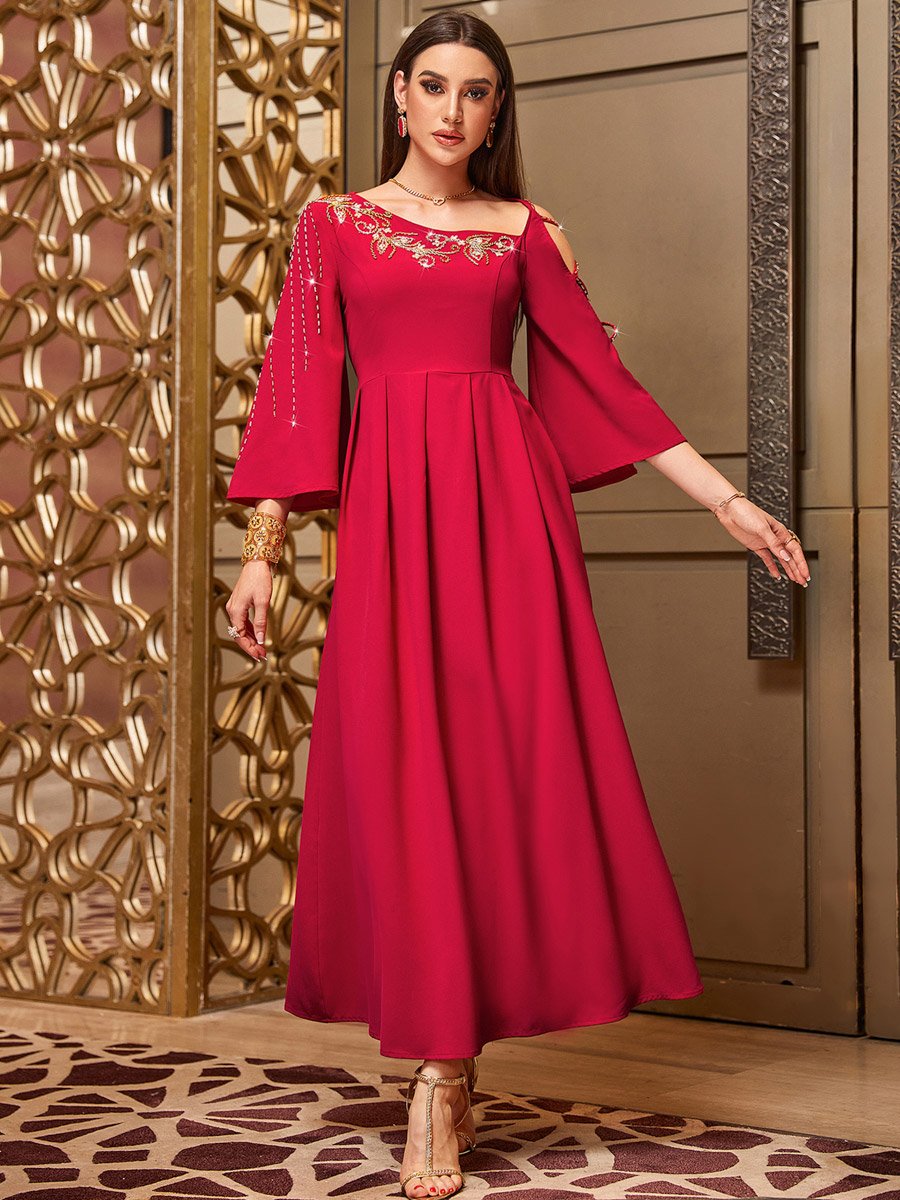 Women Red Rhinestone Embellished Cut-Out Sleeve Maxi Dress