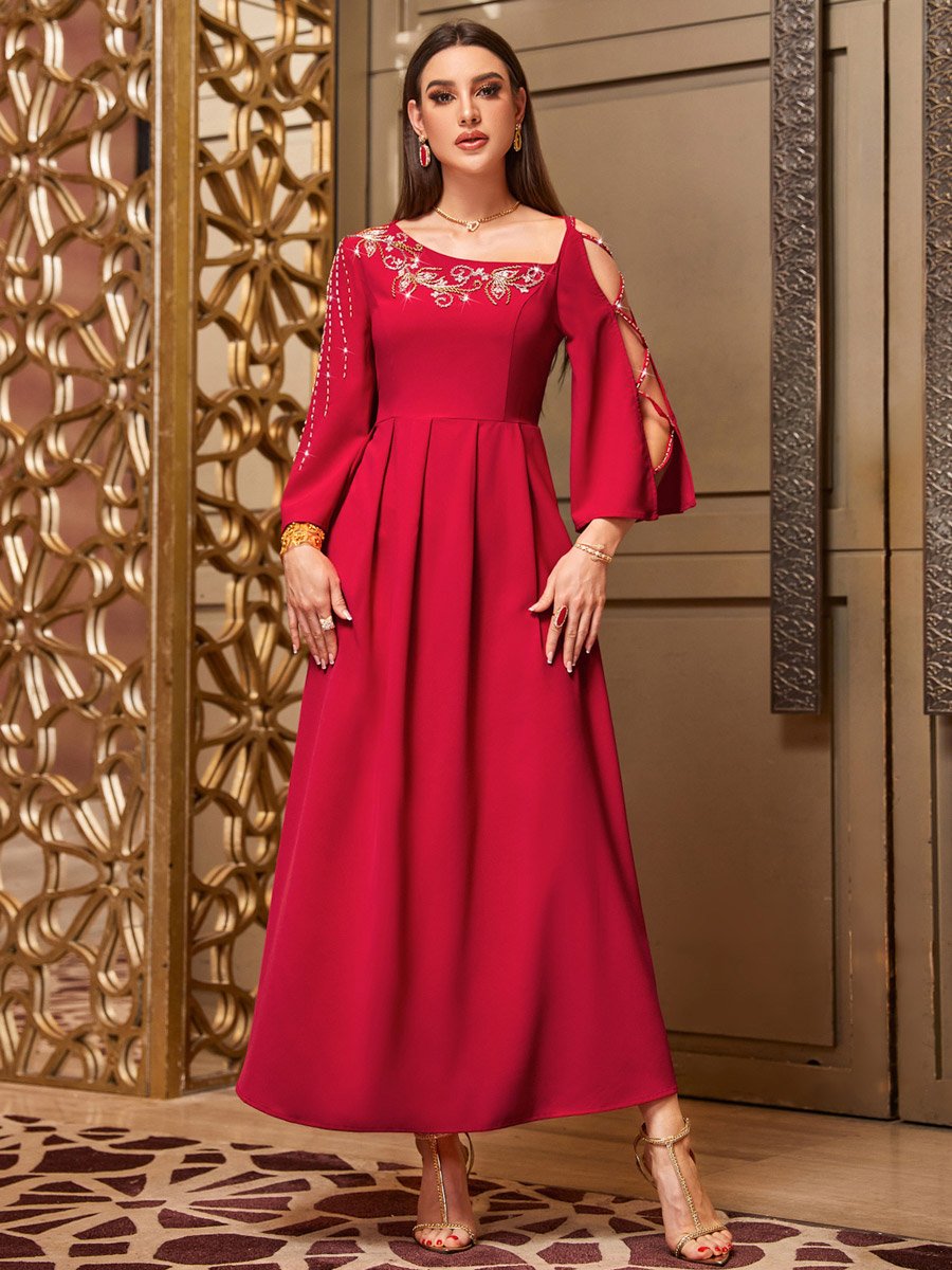 Women Red Rhinestone Embellished Cut-Out Sleeve Maxi Dress