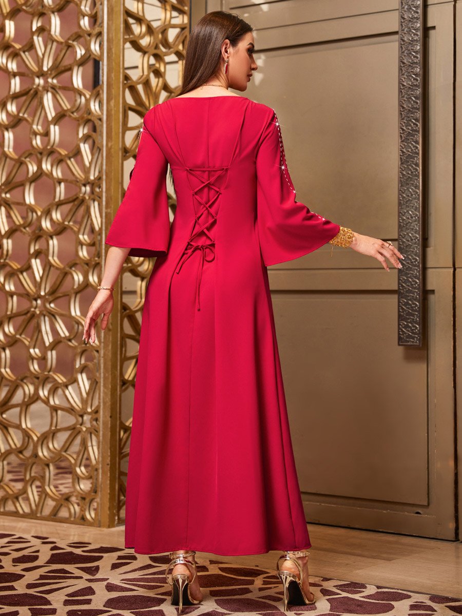 Women Red Rhinestone Embellished Cut-Out Sleeve Maxi Dress