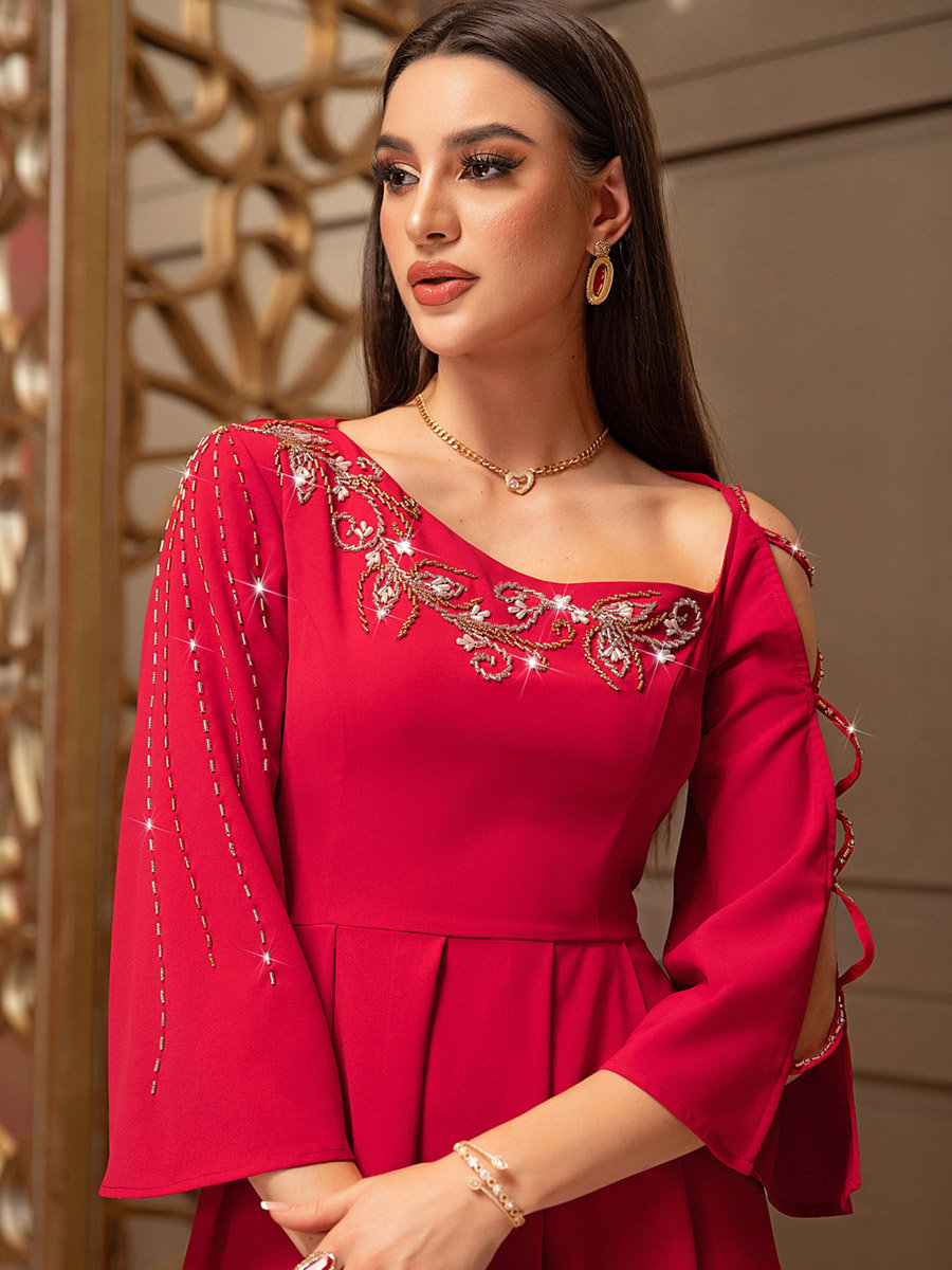 Women Red Rhinestone Embellished Cut-Out Sleeve Maxi Dress