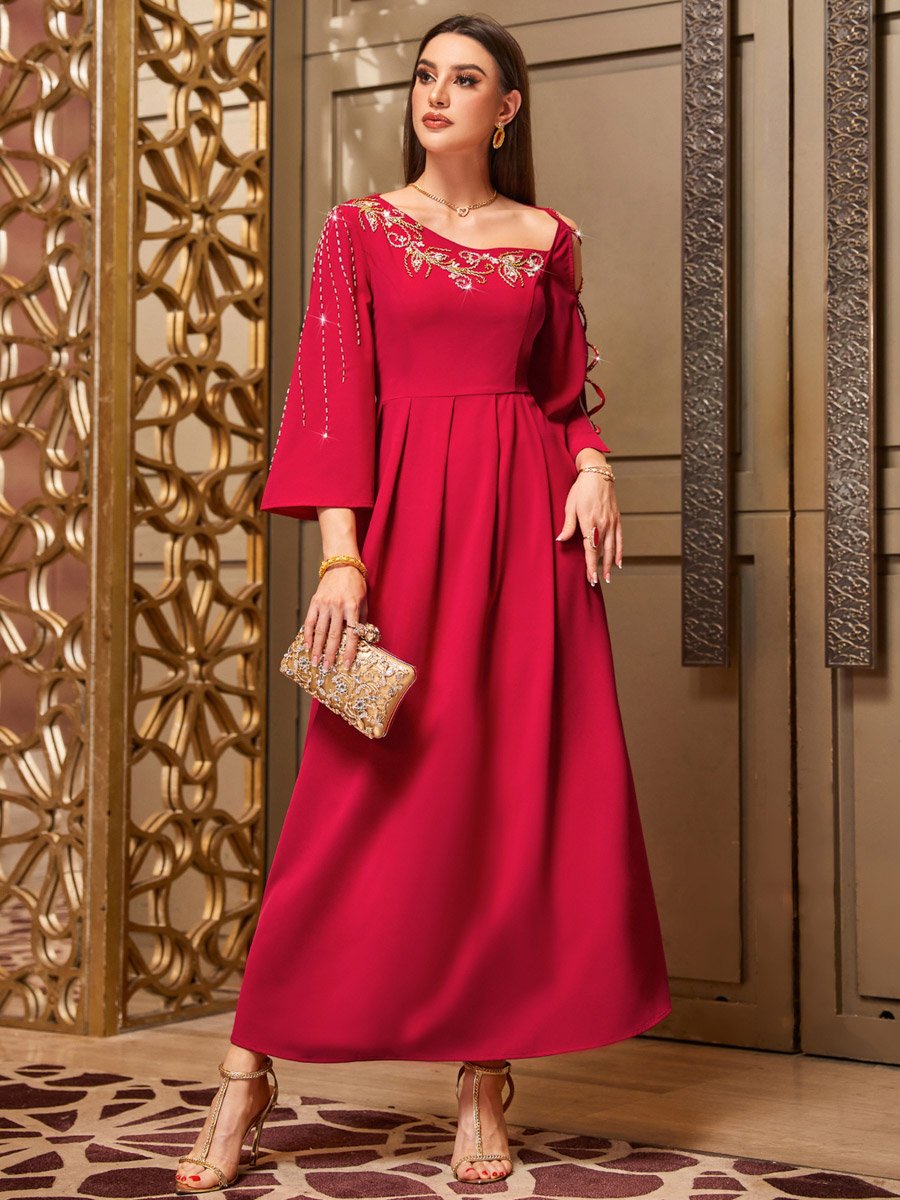 Women Red Rhinestone Embellished Cut-Out Sleeve Maxi Dress