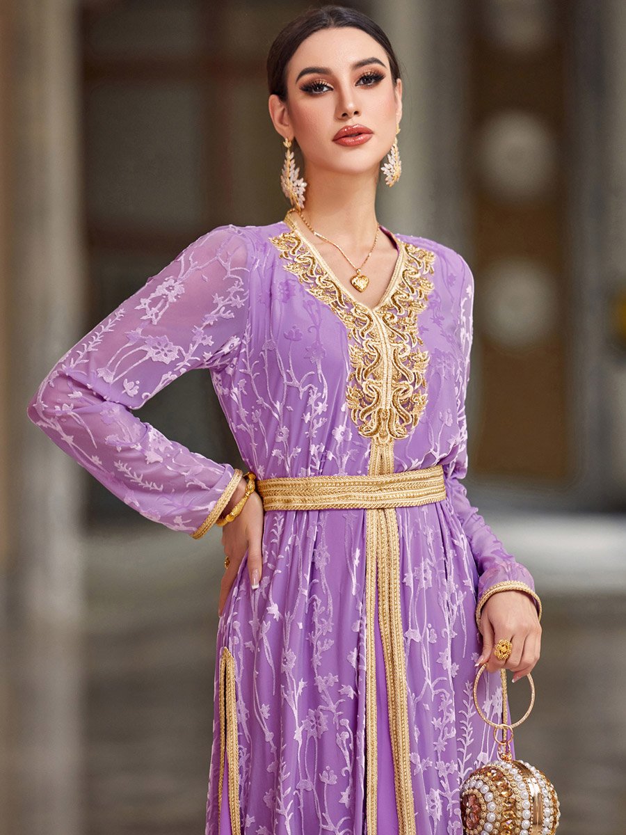 Women Lilac Flower and Golden Patch Detail Jalabiya