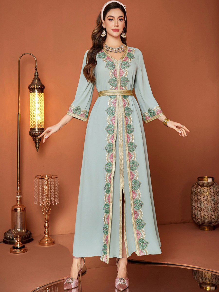 Women Light Blue Embellished Golden Trim Jalabiya