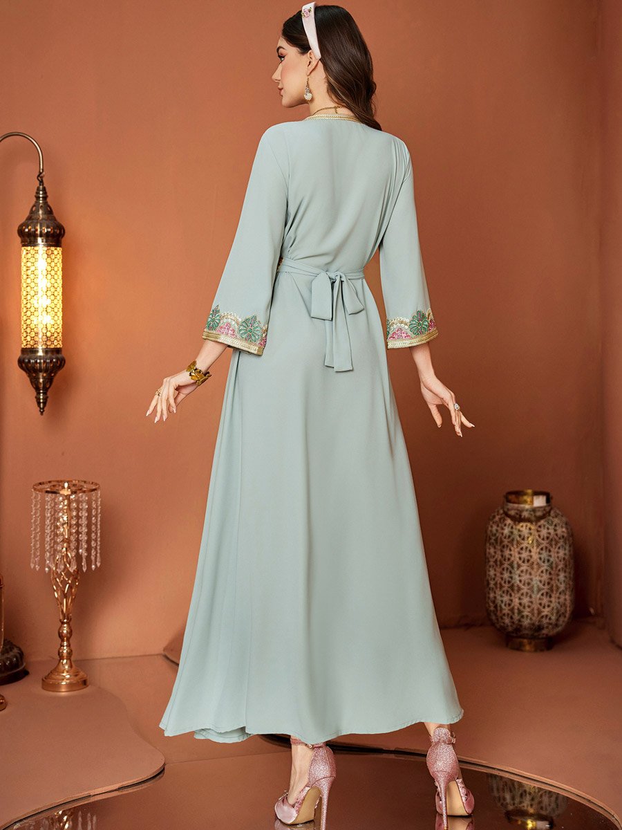Women Light Blue Embellished Golden Trim Jalabiya