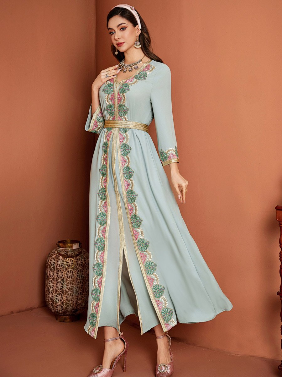 Women Light Blue Embellished Golden Trim Jalabiya