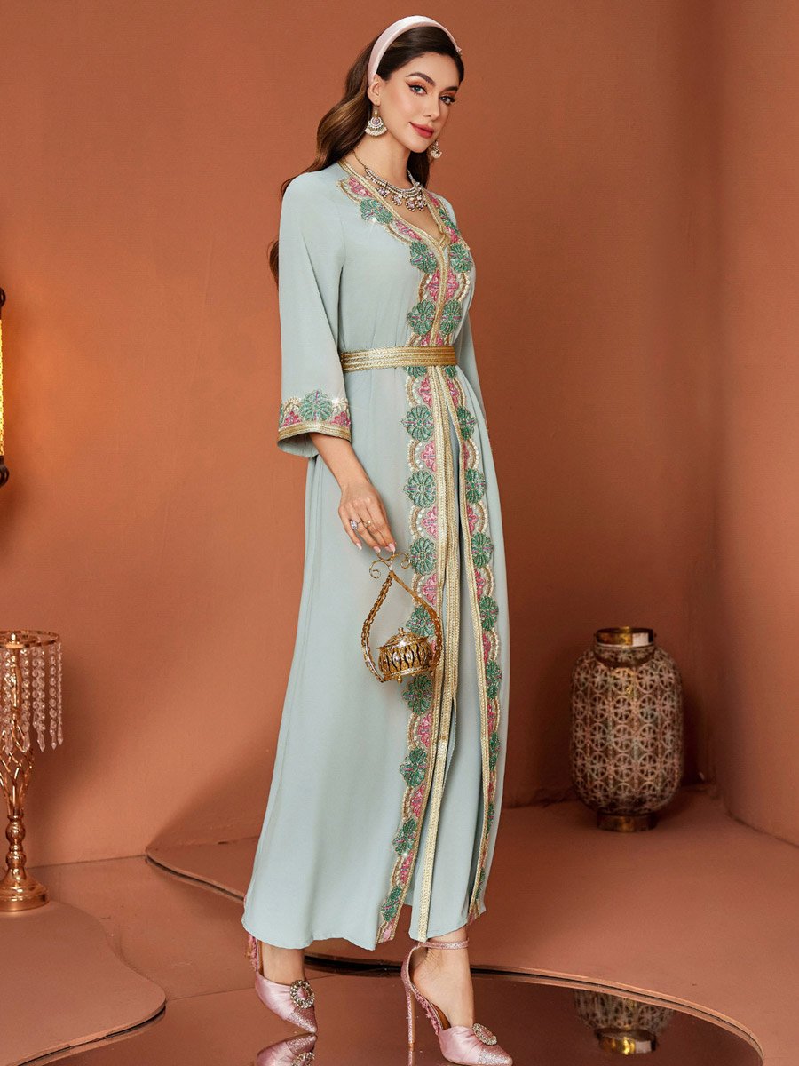 Women Light Blue Embellished Golden Trim Jalabiya