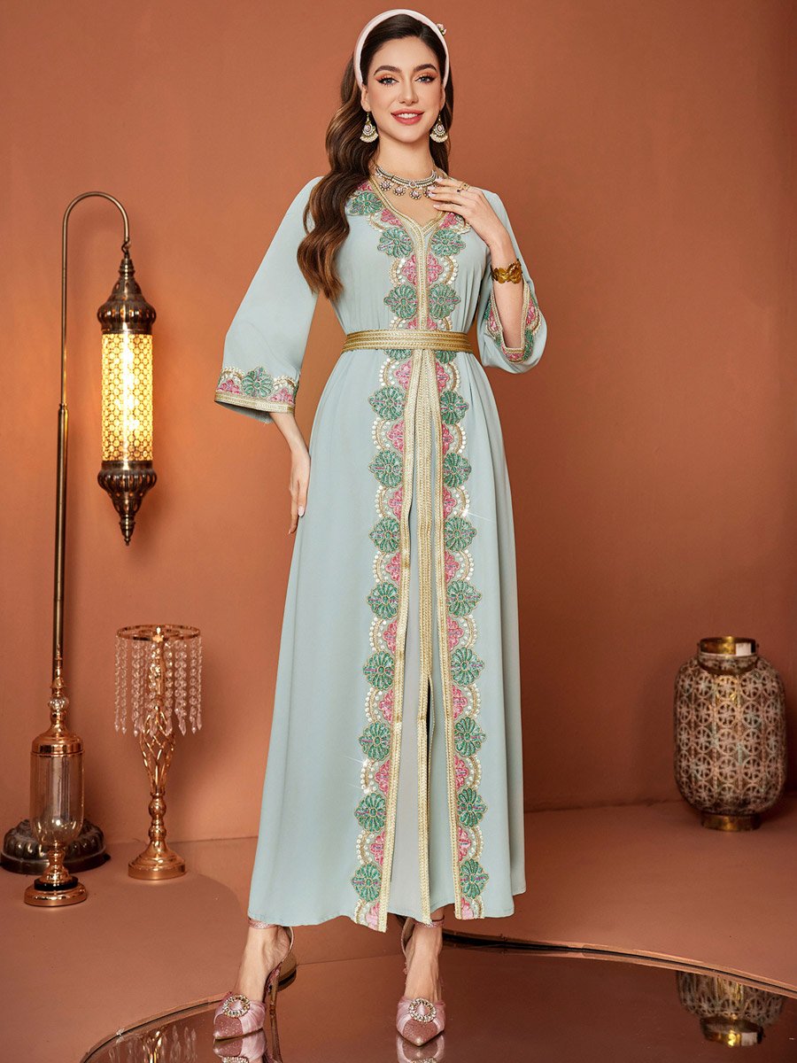 Women Light Blue Embellished Golden Trim Jalabiya