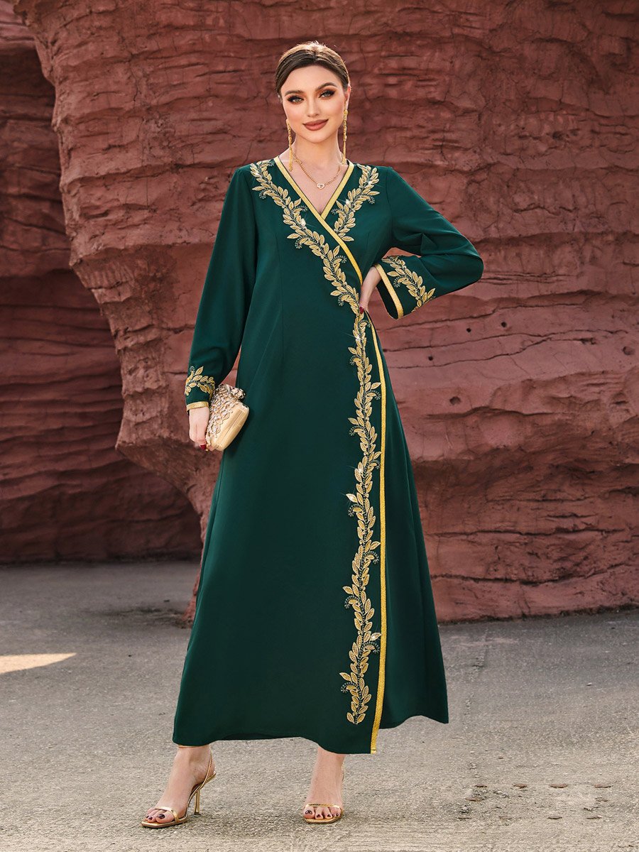 Women Green Golden Embroidered Flower Jalabiya