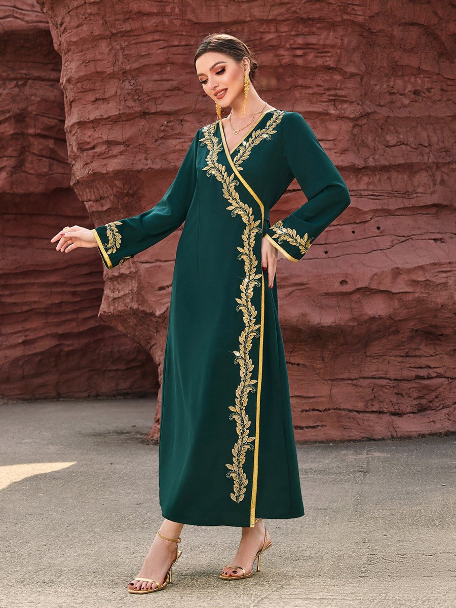 Women Green Golden Embroidered Flower Jalabiya