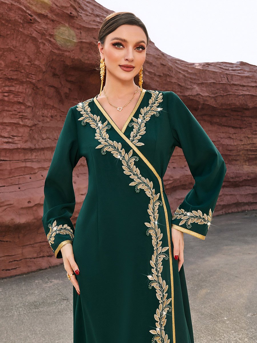 Women Green Golden Embroidered Flower Jalabiya