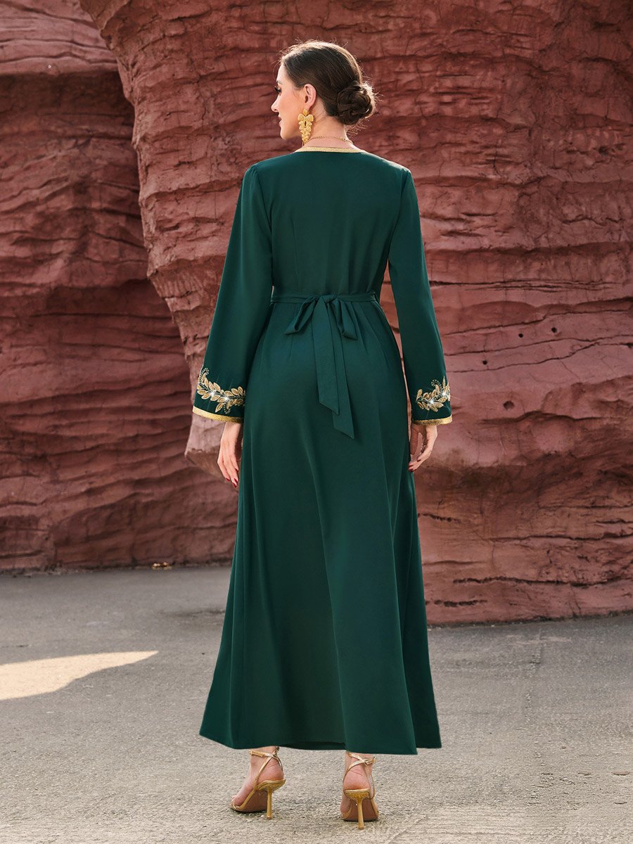 Women Green Golden Embroidered Flower Jalabiya
