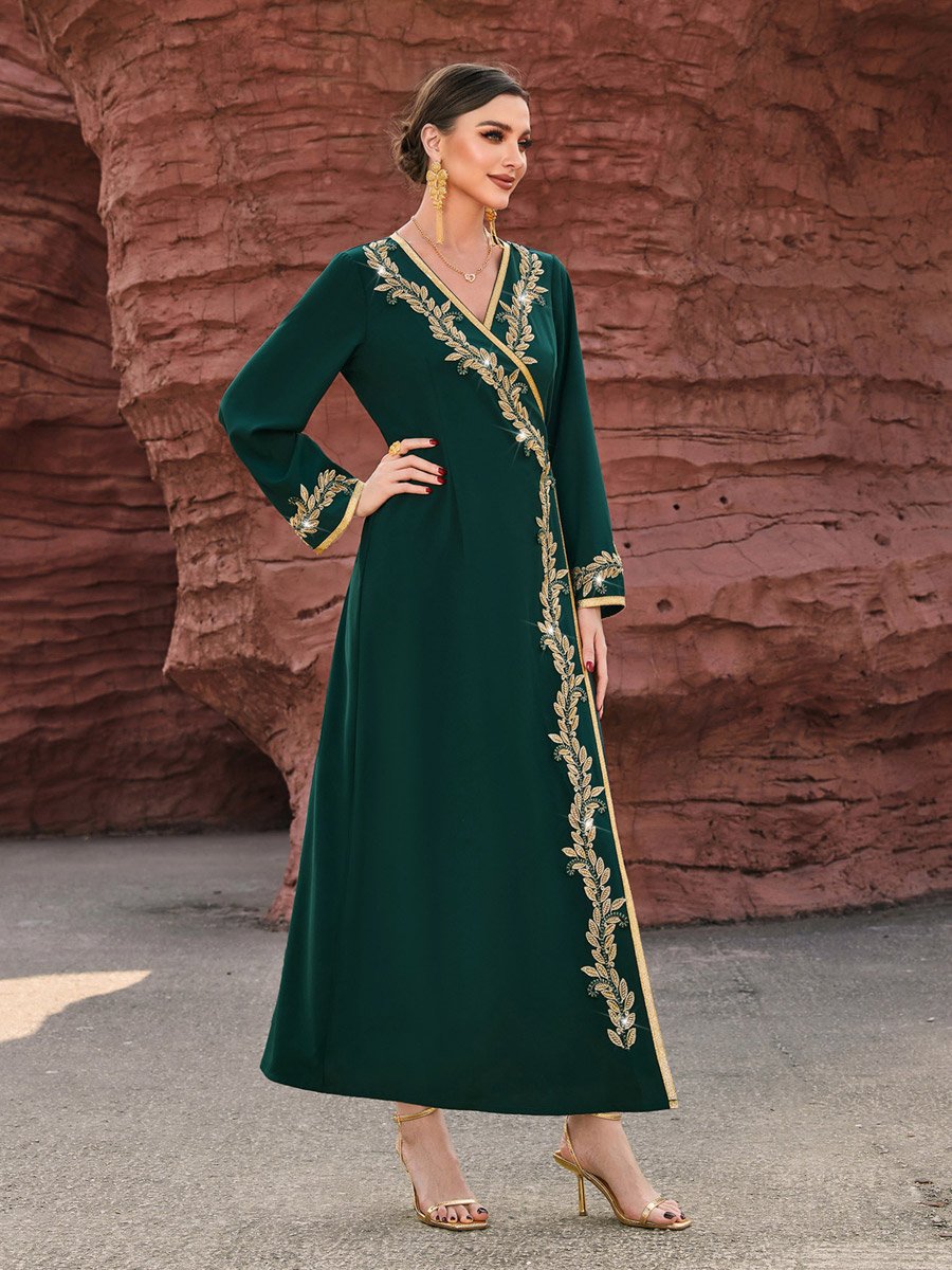 Women Green Golden Embroidered Flower Jalabiya