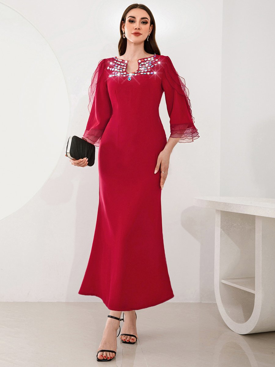 Women Red Rhinestone Embellished Bodycon Maxi Dress