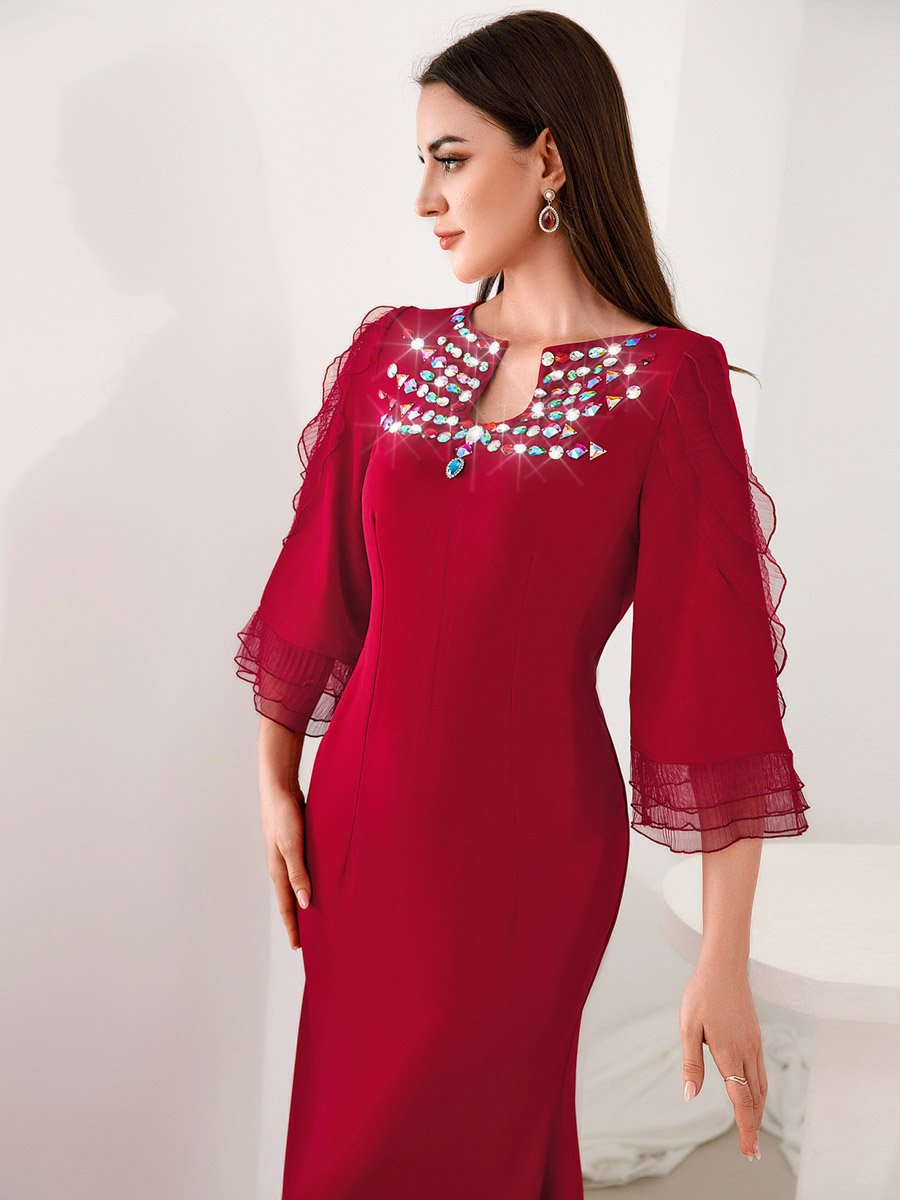 Women Red Rhinestone Embellished Bodycon Maxi Dress