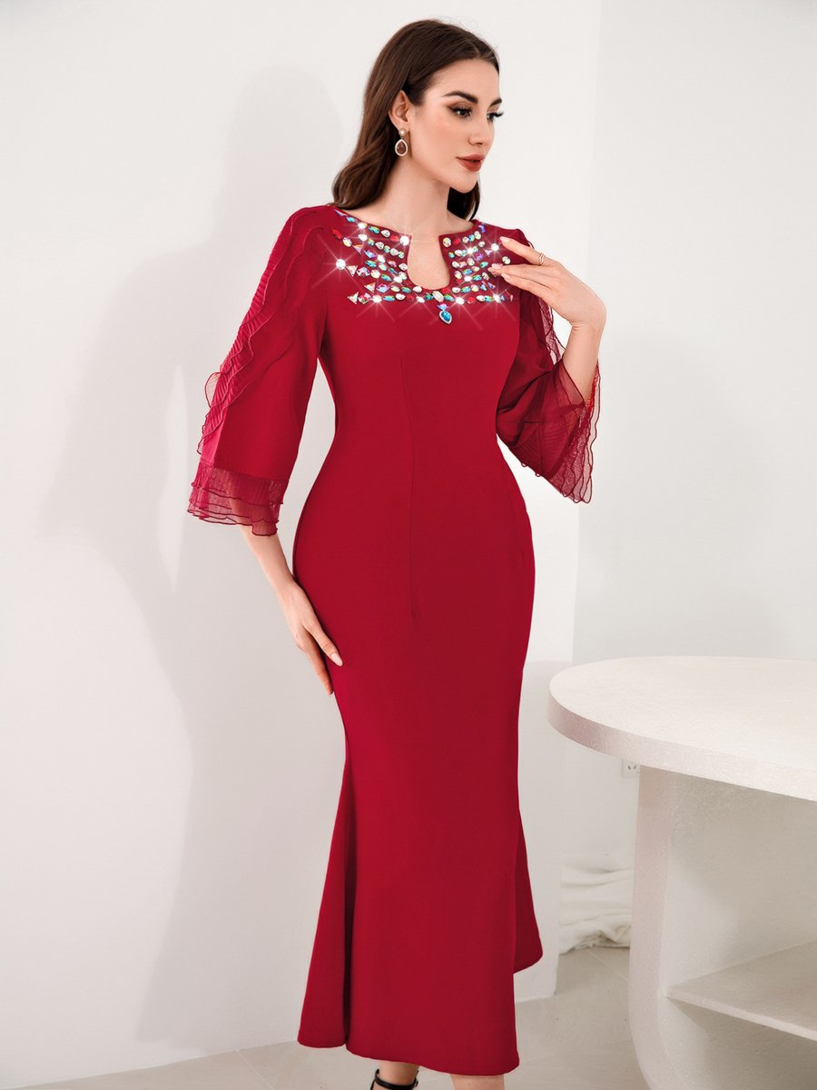 Women Red Rhinestone Embellished Bodycon Maxi Dress