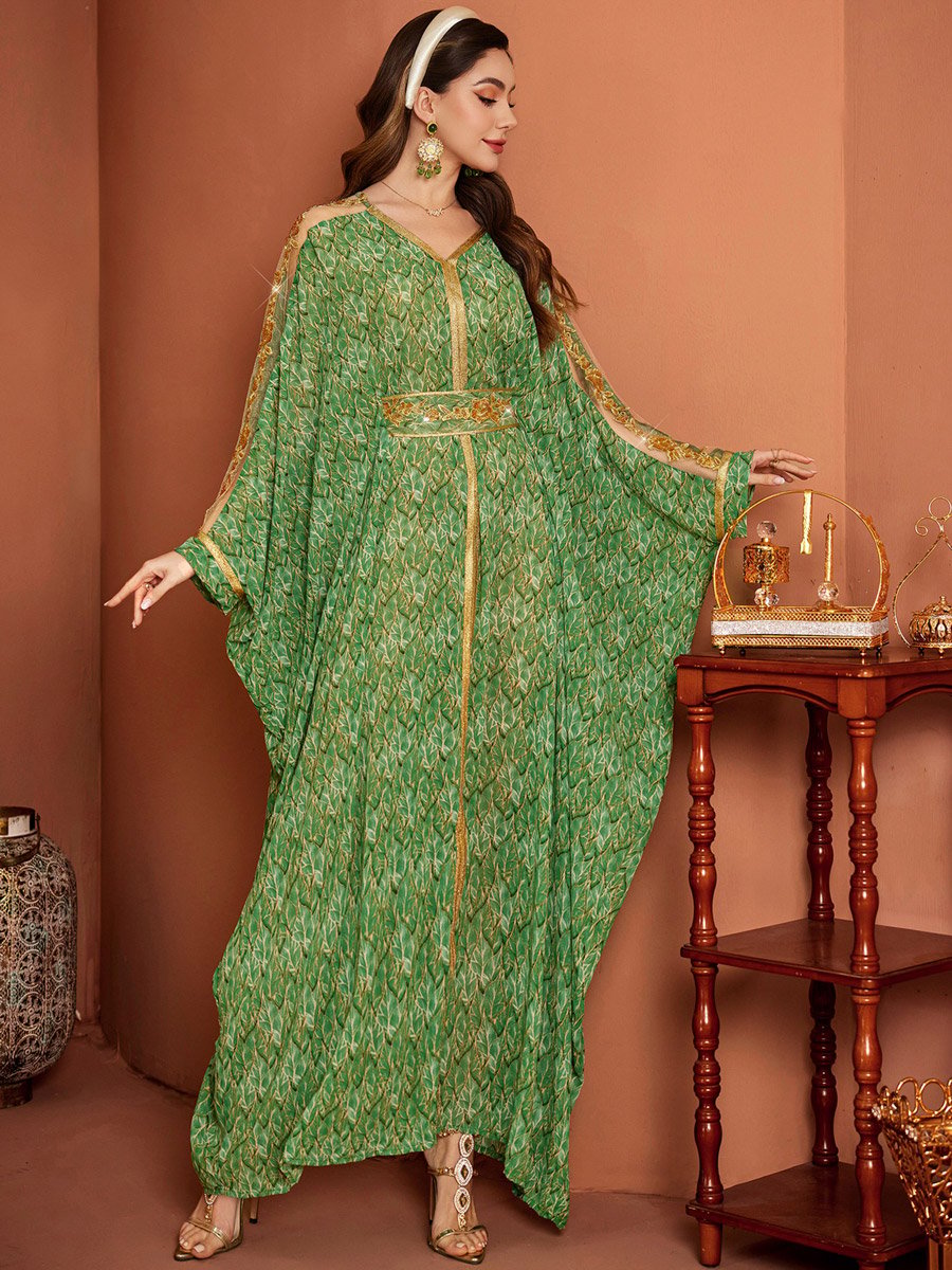 Women Green Printed Golden Trim Embellished Jalabiya