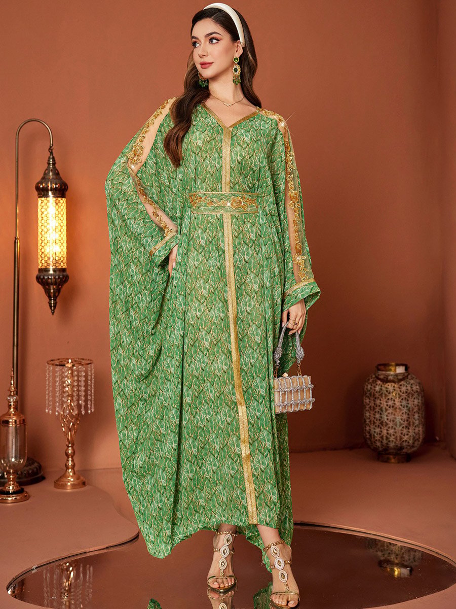 Women Green Printed Golden Trim Embellished Jalabiya