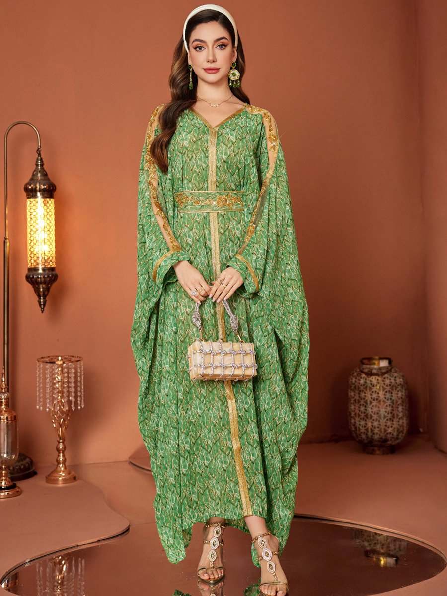 Women Green Printed Golden Trim Embellished Jalabiya
