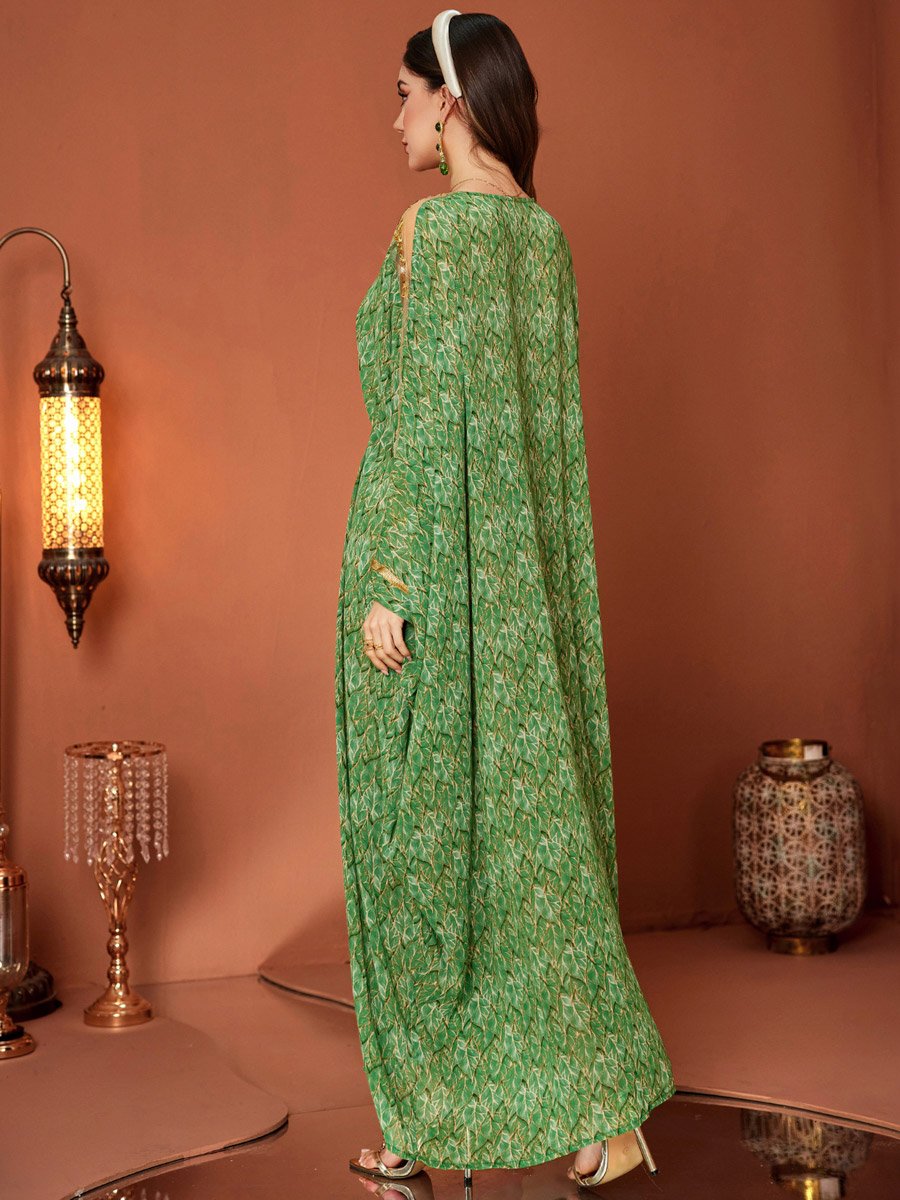 Women Green Printed Golden Trim Embellished Jalabiya