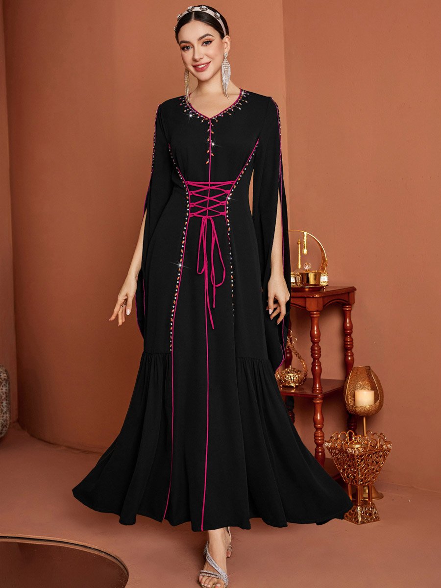 Women Black Embellished Fitted Waist Split Sleeve Maxi Dress For Women at Kuwait | Styli Women Black Embellished Fitted Waist Split Sleeve Maxi Dress For Women at Kuwait | Styli