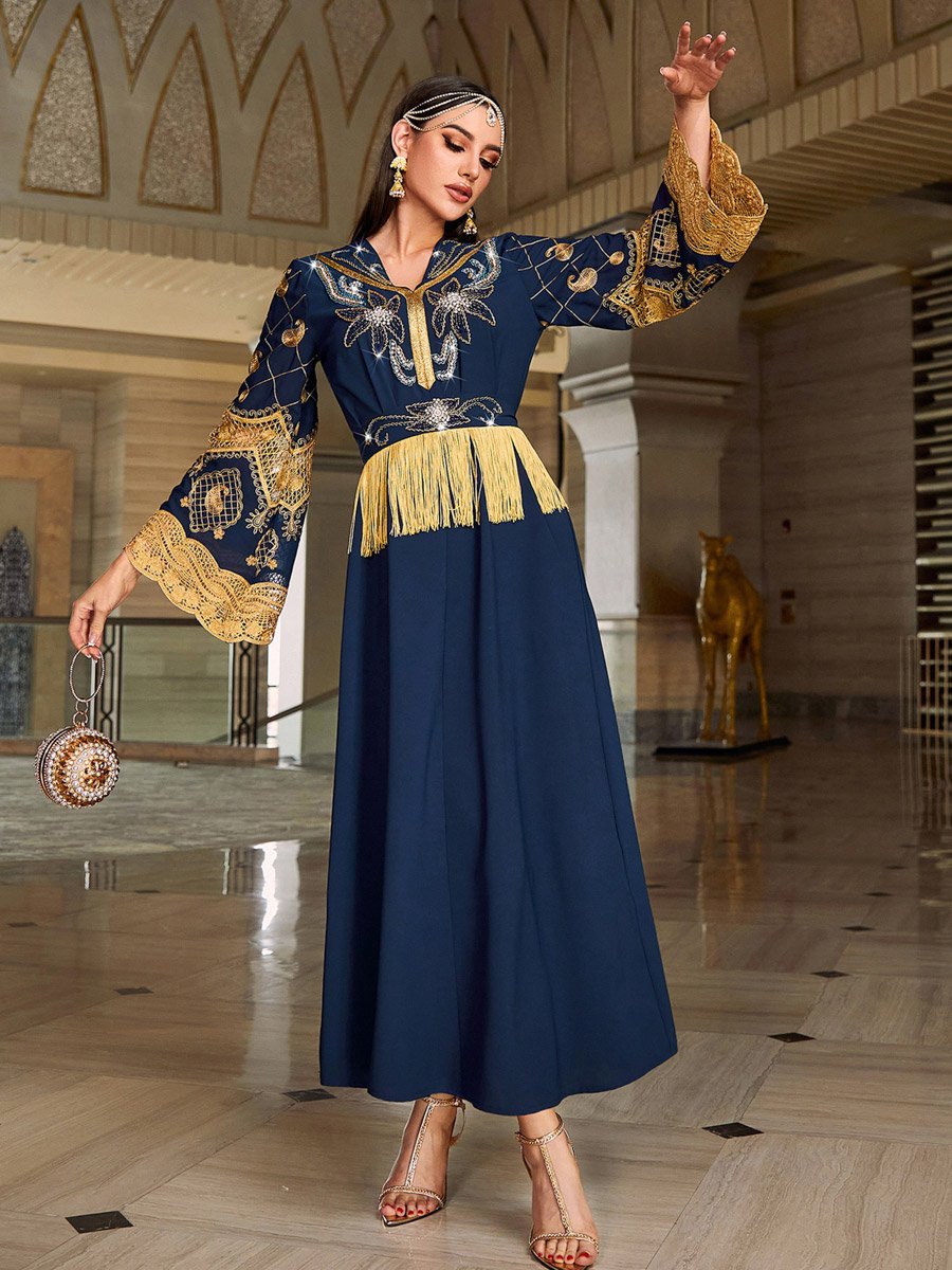 Women Navy Blue Embroidered Embellished Tasselled Jalabiya