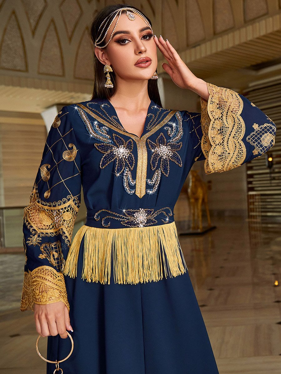 Women Navy Blue Embroidered Embellished Tasselled Jalabiya