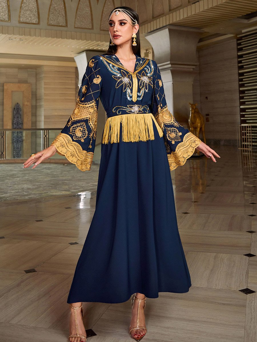 Women Navy Blue Embroidered Embellished Tasselled Jalabiya