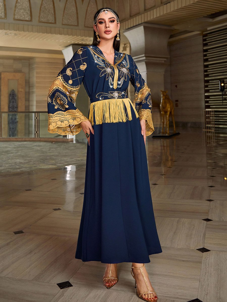 Women Navy Blue Embroidered Embellished Tasselled Jalabiya