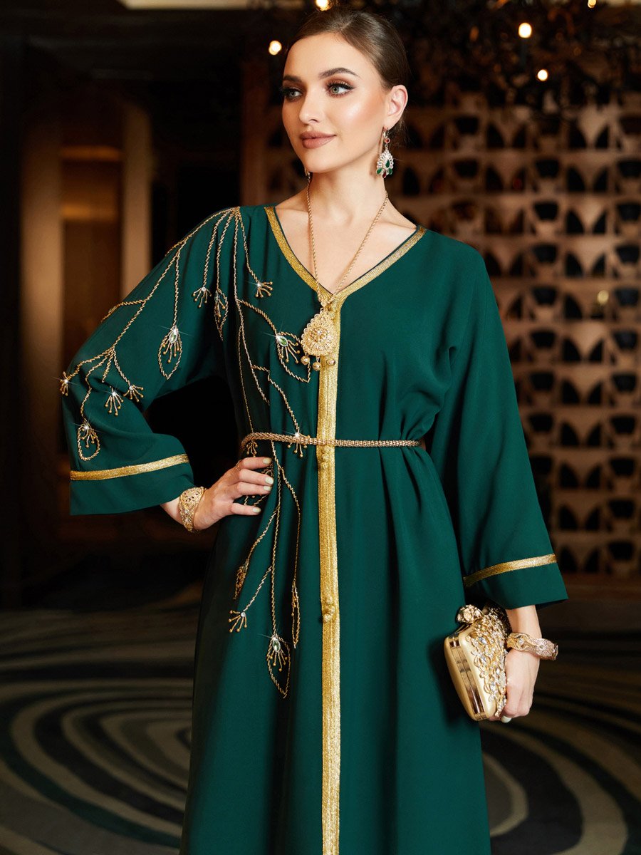 Women Dark Green Gold Trim Embellished Jalabiya