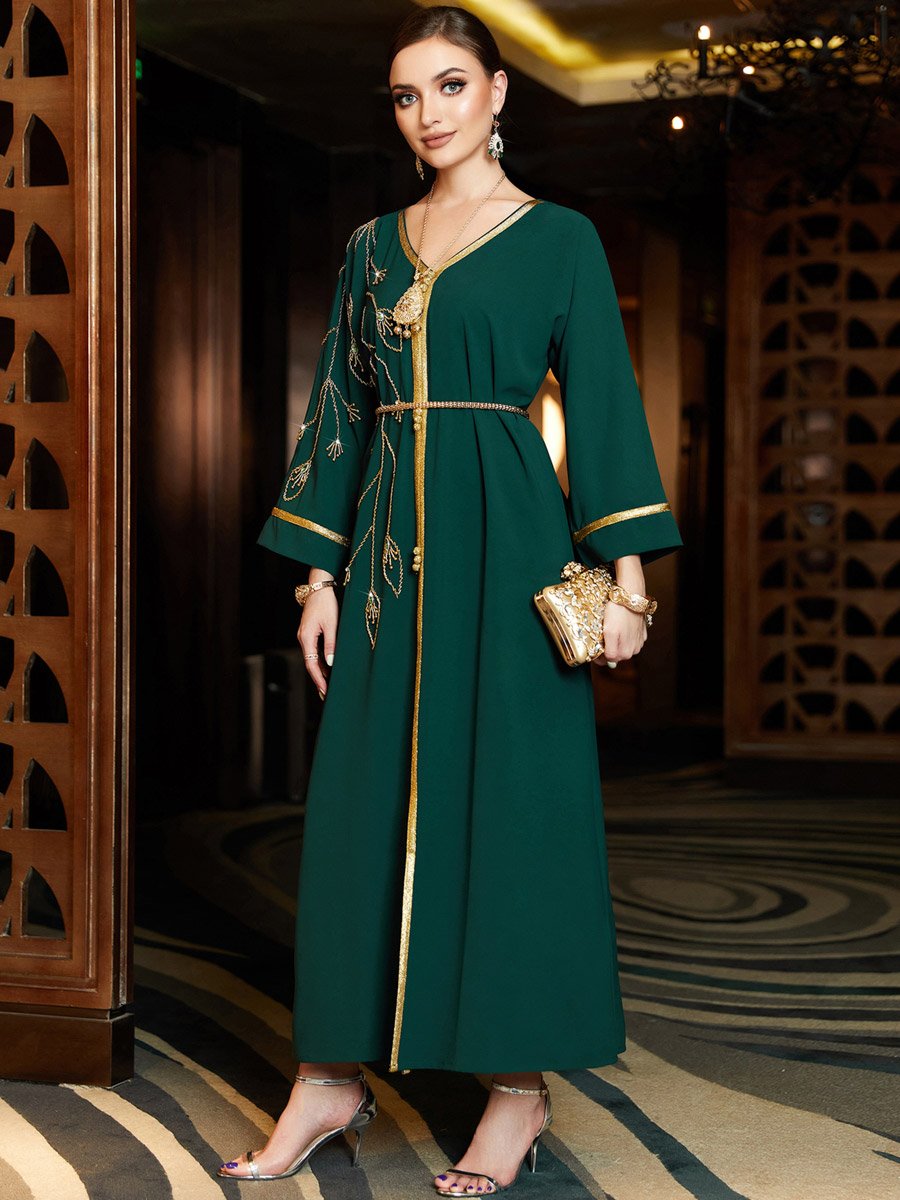 Women Dark Green Gold Trim Embellished Jalabiya