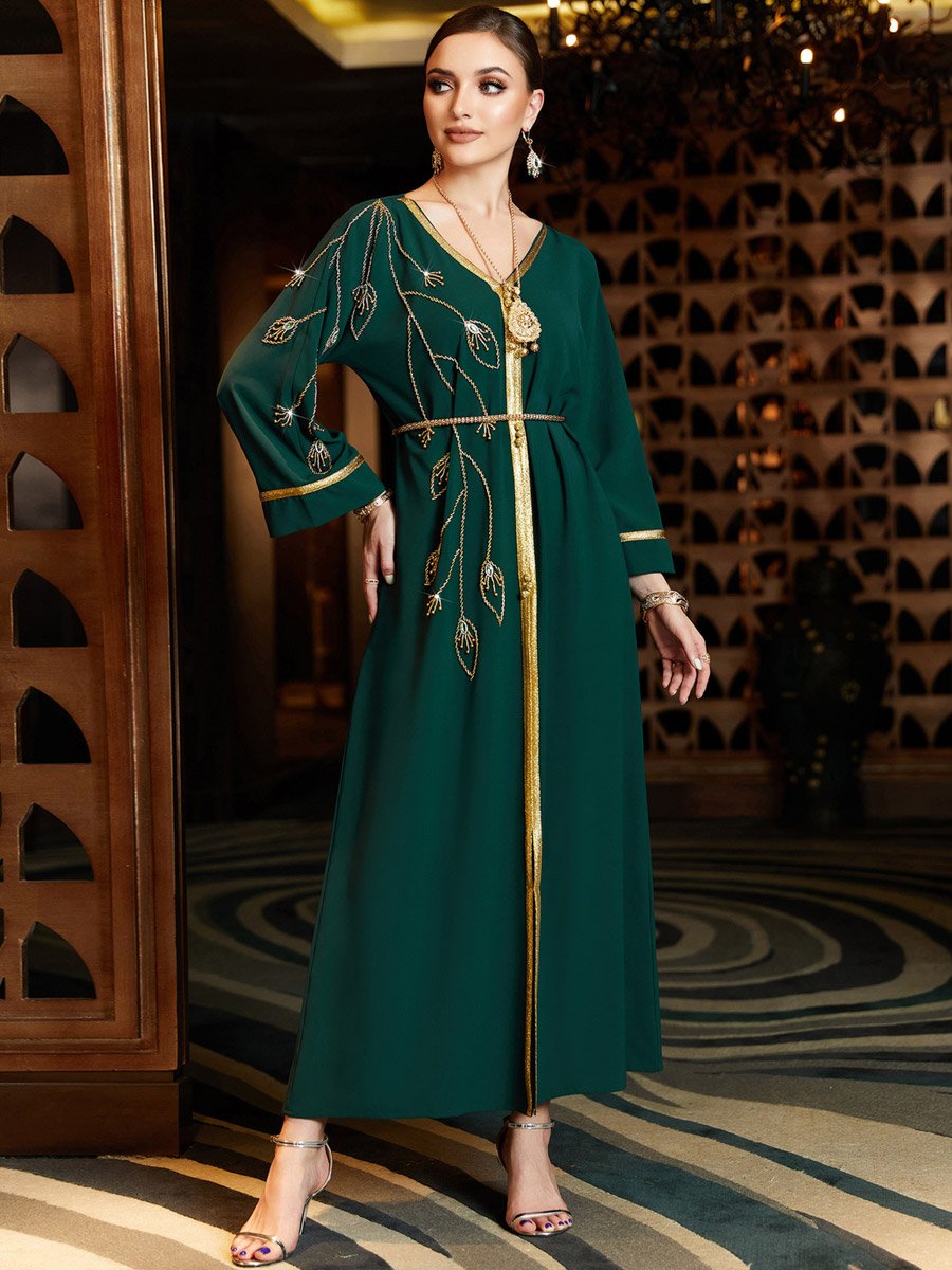 Women Dark Green Gold Trim Embellished Jalabiya