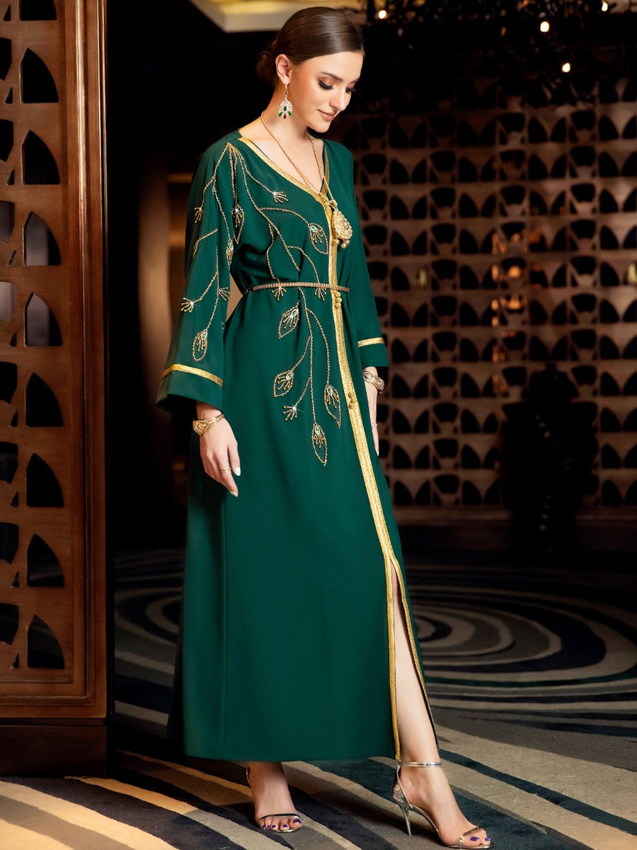Women Dark Green Gold Trim Embellished Jalabiya