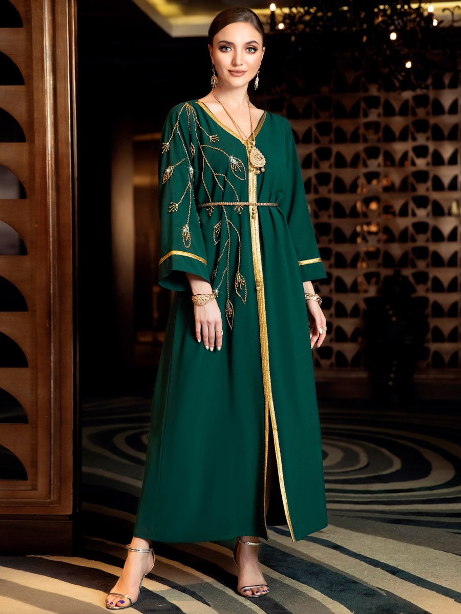 Women Dark Green Gold Trim Embellished Jalabiya